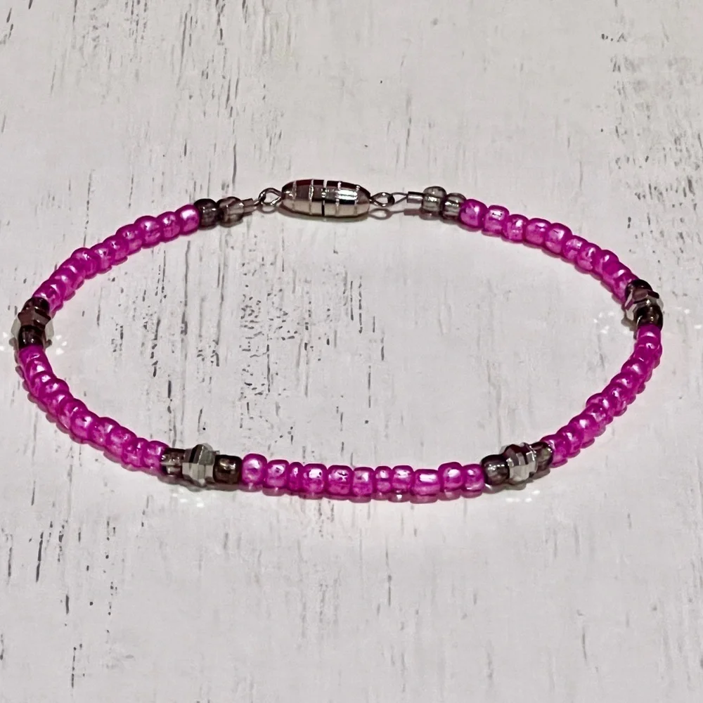 Pink Handmade Beaded Ankle Bracelet with Silver Accents